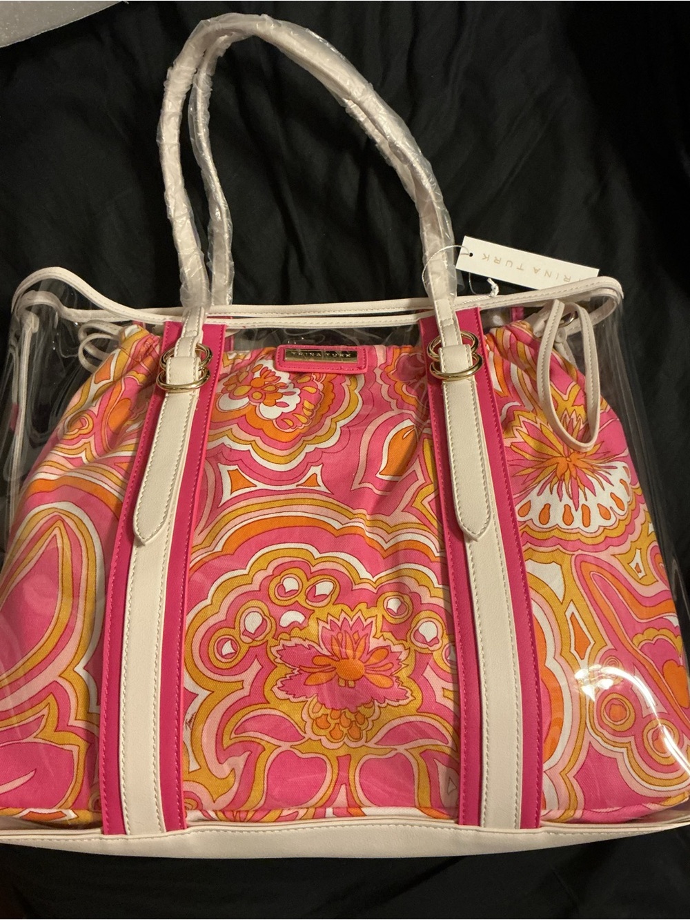 Trina Turk Clear Tote with Signature Pink Paisley Lining Bag